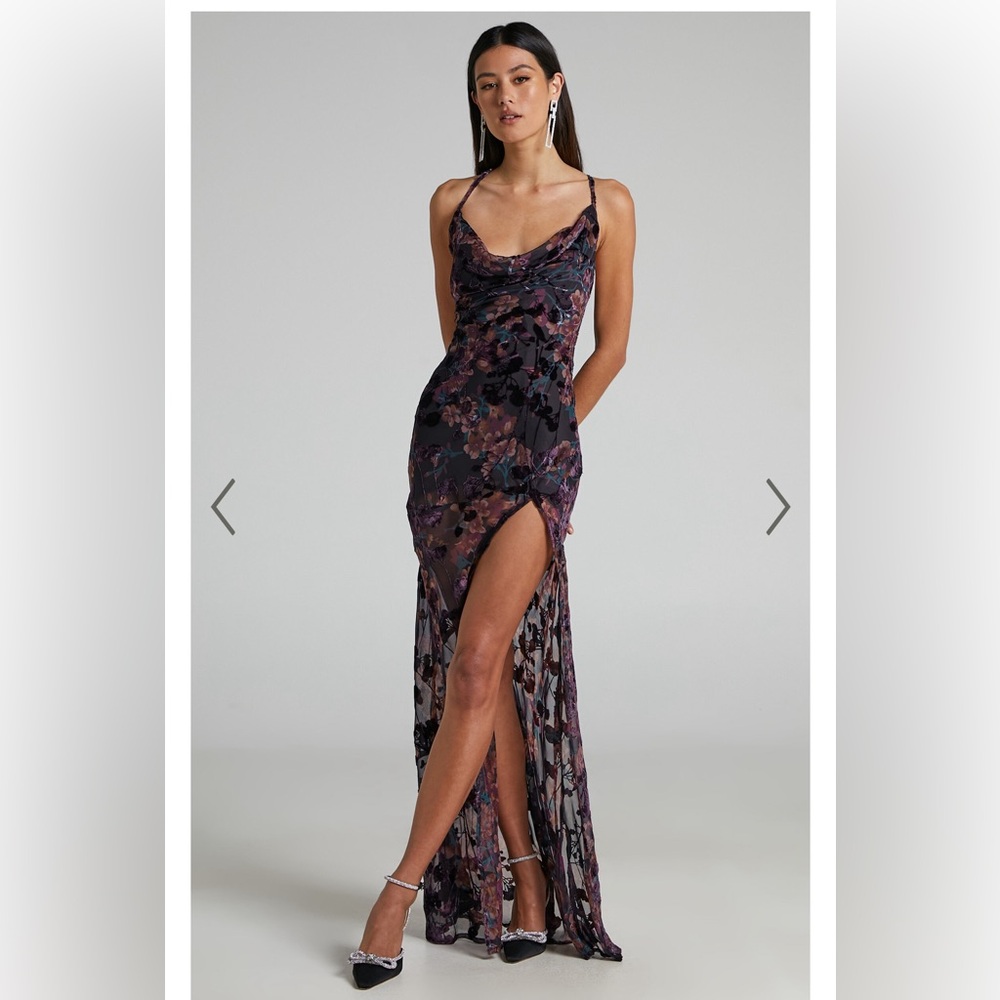 Showpo Aletta Cowl cross back Maxi, Burnt Out Floral, Size 16